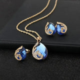 Blaue Kristall Halskette + Ohrring Set mit Blauen Kristallen in Goldfarben