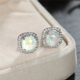 Elegante Silberfarbene Runde Weisser Fire Opal Stecker Ohrringe